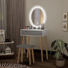 Holz Schminktisch Modern Make-up Schreibtisch Kommode LED Beleuchtet Spiegel mit Hocker