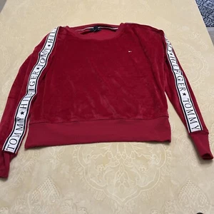 NWT Tommy Hilfiger Logo Sleeve Velour Pullover Red Size S/P/CH - Picture 1 of 13