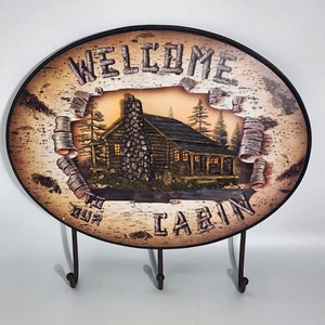Welcome To Our Cabin Welcome Coat Rack With 3D Log Cabin Scene Wall Art Vintage - Picture 1 of 12