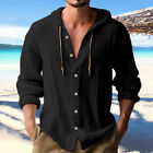 Mens Breathable Hoodie Button Down Hooded Sweatshirt Long Sleeve Soft Shirt Tops
