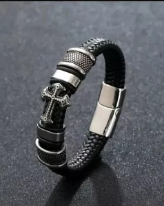 Pulsera De Cuero Color Negro Y Plateado cierre magnético acero inoxidierbar.. - Bild 1 von 4