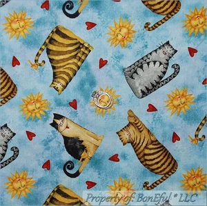 BonEful Fabric FQ Cotton Quilt VTG Blue Sky Cloud Sun Cat Country Red Heart Bird - Picture 1 of 9
