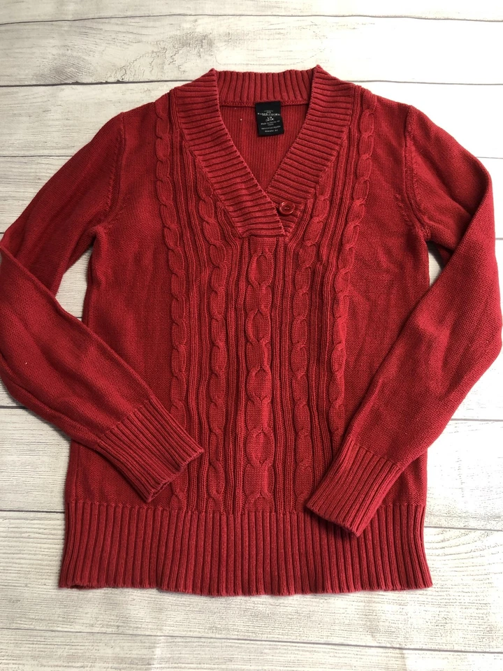 Suéter Gloria Desteñido Juvenil Grande 12-14 Rojo Cable Tejido Chal Cuello Algodón Foto 1 de 4