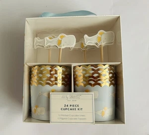 New Whale Cupcake Kit 24 Liners 24 Whale Picks Gold Foil Edges Cupcake Party Set - Picture 1 of 18
