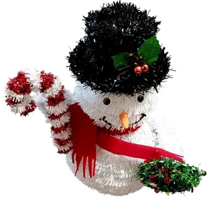Vintage Tinsel Tabletop Snowman With Candy Cane & Wreath, 12" - Picture 1 of 4