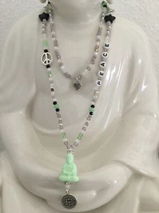 Lange Kette Hippie Boho Ibiza Buddha Peace Glasperlen weiß schwarz grün grau - Bild 1 von 3