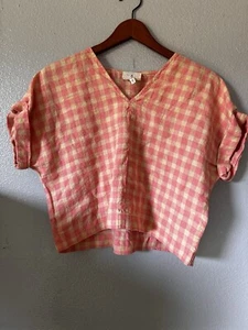Lou & Grey M Pink Cream Linen Gingham Plaid Cropped Blouse Vneck Roll Sleeve - Picture 1 of 4