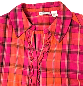 Hannah Plaid Shirt Womens XL Ruffles Pink Orange Button Down Western 100% Cotton - Picture 1 of 9
