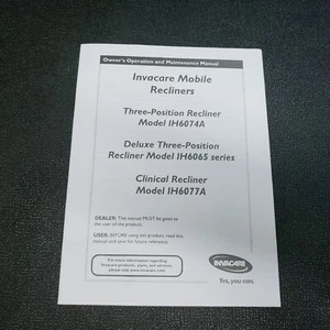 Invacare IH6065 Blue Ridge Deluxe Mobile Recliner Replacement Owners Manual - Picture 1 of 3