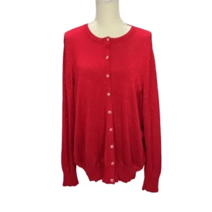 Carole Little Woman Red Metallic Sparkle Clear Button Down Cardigan Sweater 3X - Picture 1 of 7