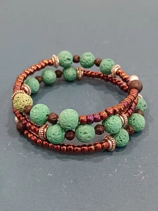 handmade wrap lava bead aromatherapy bracelet, bronze and green - Picture 1 of 4