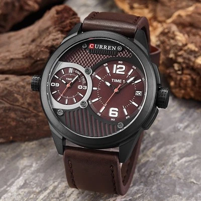 Men`s Waterproof Genuine Leather Double Movement Calendar Casual Quartz Watches Foto 1 de 4
