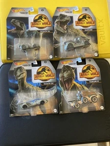X4 Jurassic World Hot wheels Character Cars. Blue. T-Rex. Velociraptor - Picture 1 of 7