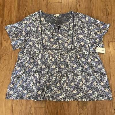 全新带标签 Lucky Brand 3X 女式波西米亚花卉印花农民花卉棉衬衫蓝色 — 第 1/4 张图片