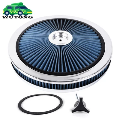 14" x 2" Blue Air Cleaner Set Thru High Flow Washable w/ Chrome Lid For SBC BBC Foto 1 de 4