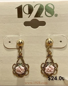 Fabulous 1928 Vintage Gold Tone Porcelain Rose Drop Dangle Pierced Earrings - Picture 1 of 3