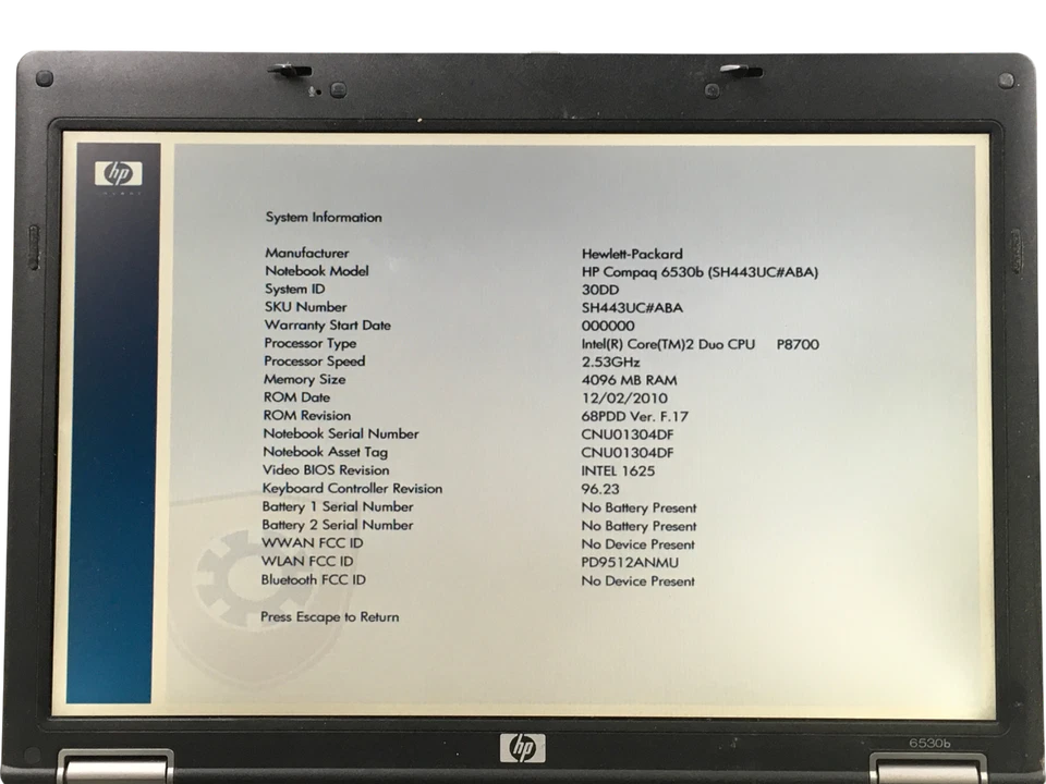 HP Compaq 6530b Core Duo P8700@2.53GHz,4Gb RAM,160GB HDD NO bat,OS,AC - Image 1 of 4