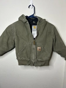 Carhartt Jacket Boys 4T Green YTj130 LOV Canvas Full Zip Hooded Coat Faded Kids - Picture 1 of 9