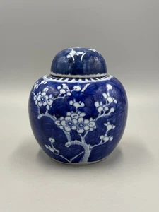 Antique 19th c. Chinese Porcelain blue white Prunus Ginger Jar with lid 5 1/2'' - Picture 1 of 13
