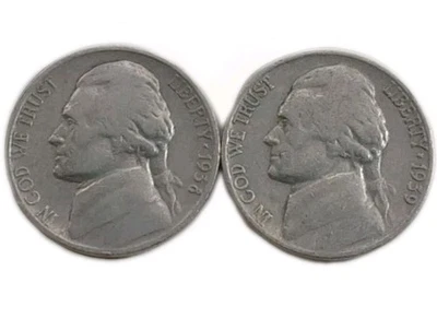 Pair Of Circulated Jefferson Nickels 5C Coins 1938 & 39-Monticello Rev-Free Post - Image 1 of 4
