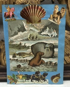 Viktorianisches Blatt mit vielen gestanzten Fetzen Kutsche Pferd Löwe Seelöwe Druck - L14 - Bild 1 von 8