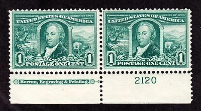 US 323 1c Louisiana Purchase Mint Bottom MI Plate Pair #2120 F-VF OG NH SCV $170 - Image 1 of 2