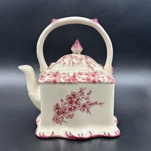 Cracker Barrel Ceramic Teapot With Lid Red Floral Transferware 9" x 8" Nice! - Picture 1 of 9
