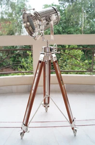 Chrome Nautical Searchlight Floor Lamp Spotlight Brown Wooden Tripod Stand - Picture 1 of 5