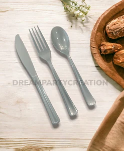 Pack of 24 SILVER Premium Plastic CUTLERY Set Knife, Fork, Spoon - Picture 1 of 1