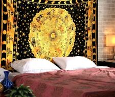 Indian Wall Hanging Yellow Black Zodiac Mandala Home Decor Cotton Queen Tapestry