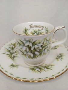Royal Albert Blume des Monats Januar Schneeglöckchen TASSE & TELLER Set guter Zustand - Bild 1 von 19