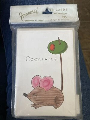 Винтажный Fravessi коктейли вечеринки мыши оливковый приглашения набор из 10 карт и конвертов - Изображение 1 из 4