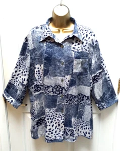 KATHY CHE 18/XL BOHO PATCH LACE PRINT BLUE WHITE BUTTON DOWN SHIRT BLOUSE 3/4 Sl - Bild 1 von 10