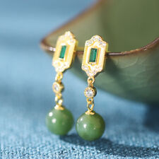 Women's Emerald Stud Earrings Tassel Inlaid Gemstone Hetian Jasper Earrings  
