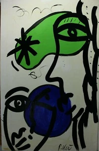 Cuña Retrato Doble Cabeza Miró Verde Azul Firmado al Óleo - Imagen 1 de 4