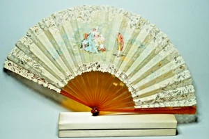 Victorian French Folding Hand Fan Romantic Scene Hand-Painted Signed E.Grimaud - Picture 1 of 20
