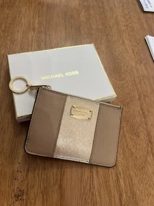 Michael Kors Met Center Stripe Leather Top Zip ID Coin Pouch Black Gold with Box - Picture 1 of 11