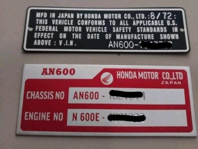Placa de identificação de alumínio HONDA AN600 N600 S600 dados gravados placa de dados de 2 itens - Imagem 1 de 4