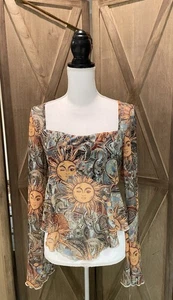 Bluse Damen L transparent Sonne Mond Print Hippie Boho Fee - Bild 1 von 10