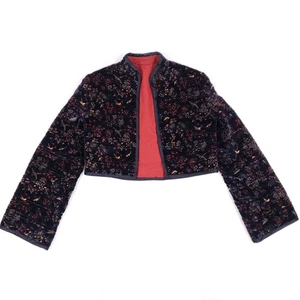 Giacca vintage velluto cropped donna stampa floreale uccellino boho aperta foderata davanti M - Foto 1 di 9