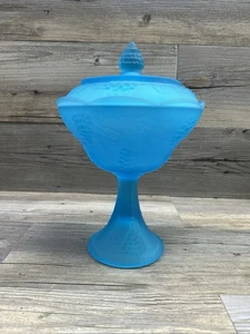 Vtg Indiana Glass Compote Blue Satin Mist Harvest Wedding Bowl 10" - Picture 1 of 11