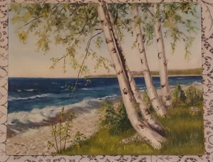 Vintage 1964 Original Gemälde Northern Michigan Lake Landschaft Leinwand 20x16 signiert - Bild 1 von 8