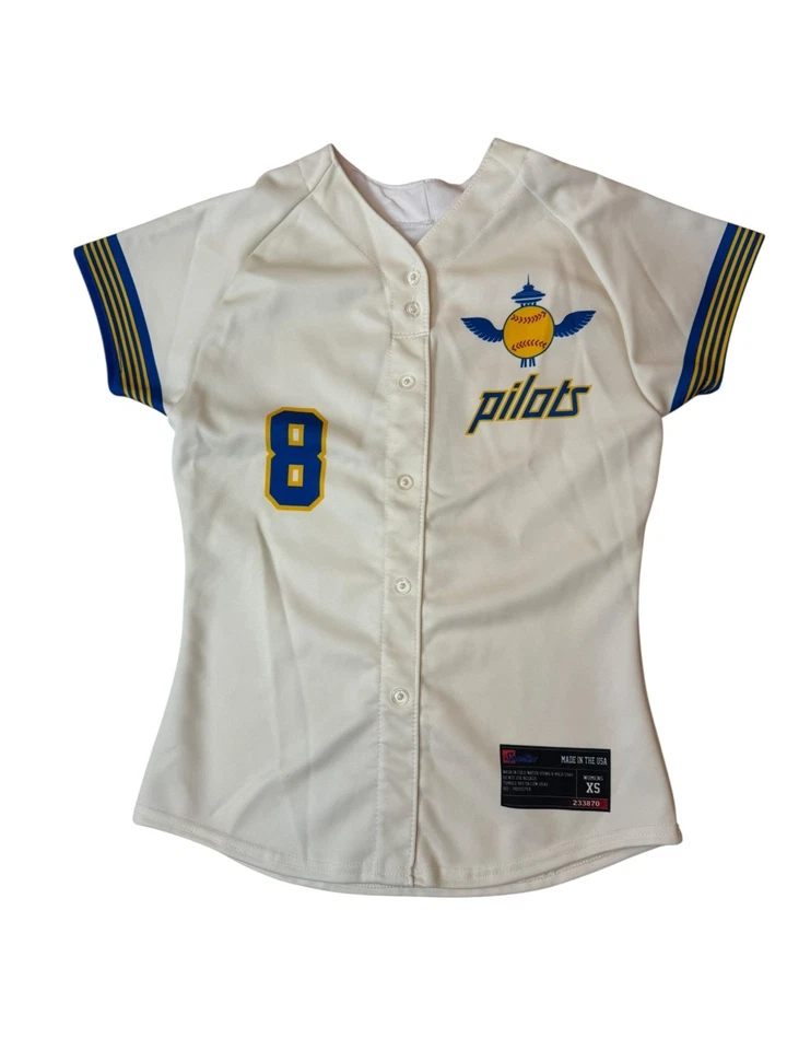 Seattle Pilots Baseball Jersey Short Sleeve. Ivory with Blue / Yellow Stripes - Image 1 of 4