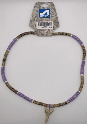 Surf Style Shark Tooth Necklace Brown Purple Tan Beads 18" 716717 New BOGO! - Image 1 of 2