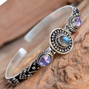 Labradorite & Faceted Amethyst Gemstone 925 Sterling Silver Woman Cuff Bracelets - Picture 1 of 5