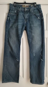BKE Denim Derek Jeans Dark Wash Distressed Accent Stitching Size 33/32 Boot Cut - Picture 1 of 6