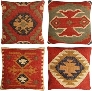 4 PCS Set of Hand Woven Jute Kilim Cushion Cover Indian Vintage Pillows Boho Rug - Picture 1 of 6