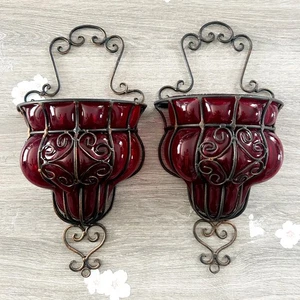 Vintage Pair of Caged Ruby Red Glass Wall Hang Planter / Wall Pocket Gothic - Picture 1 of 8