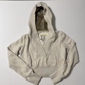 Vtg American Eagle Womens Medium Hooded Cropped Sweater Faux Fur Hood - Picture 1 of 11