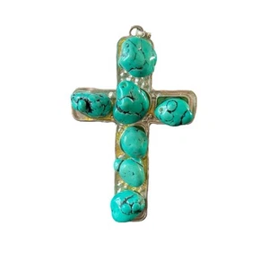 Handmade Metal Cross Pendant With Turquoise Stone Nuggets Handmade Silver Tone - Picture 1 of 7